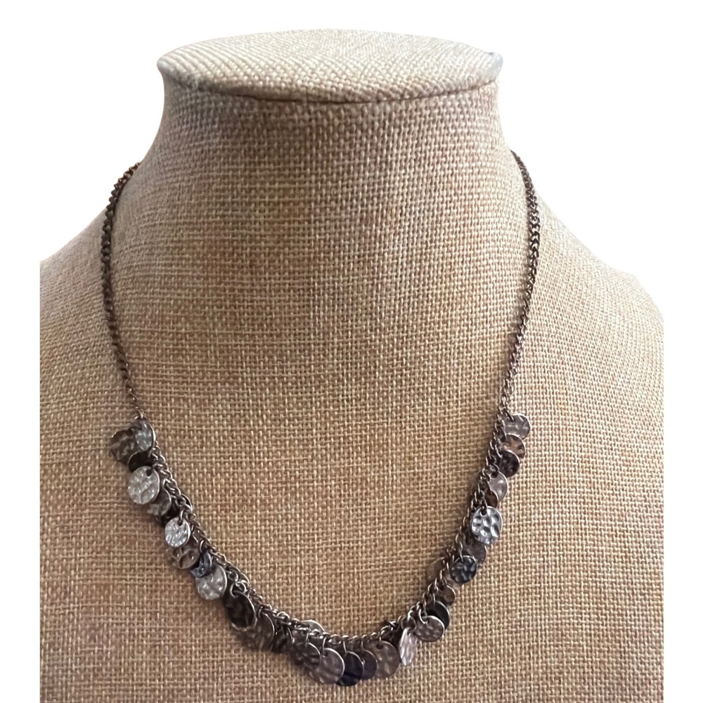 Hammered Coin Charm Necklace Gunmetal Silver Tone Boho Adjustable Layering